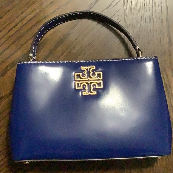 Tory Burch Britten Patent Micro Satchel in Mazarine Blue